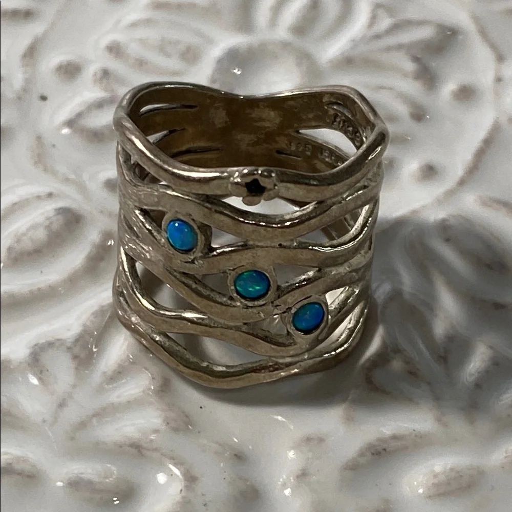 Vintage Israeli Sterling Silver Blue Fire Opal Wave Ring Size 6